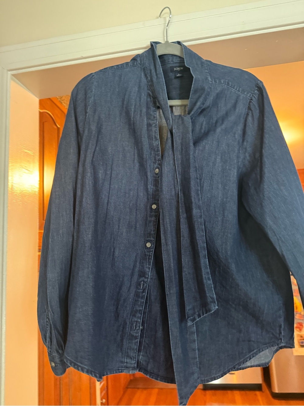J. Crew Indigo Blue Denim Tie-Neck Button-Down Shirt